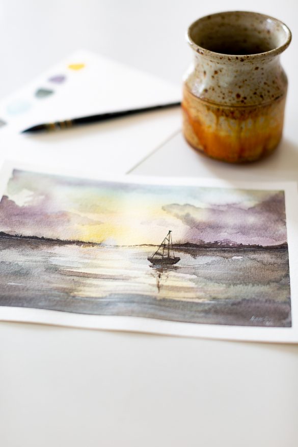 How to paint a sunset over water with watercolor