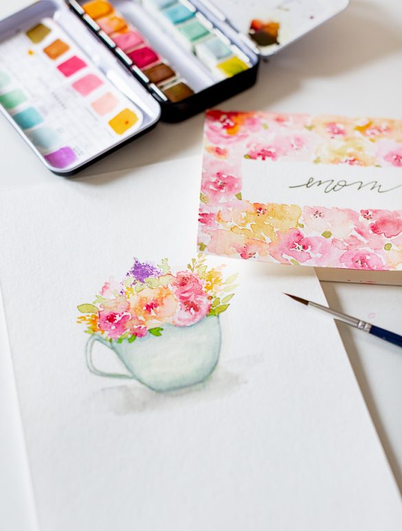 How to paint a sweet teacup with flowers and free Mother’s day card printable