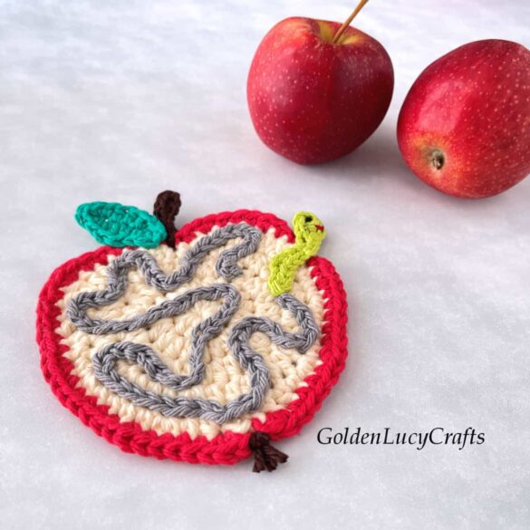 Crochet Apple With Worm Applique, Coaster