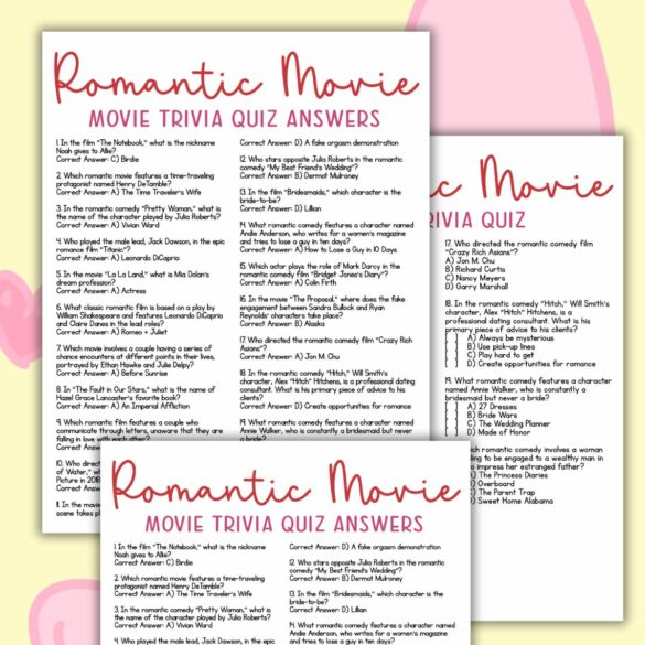 Romantic Movie Quiz Questions and Answers Printables