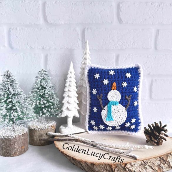 Snowman Catching Snowflakes Crochet Mini Pillow